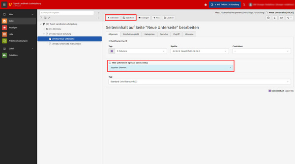 Die Abbildung zeigt eine Benutzeroberfläche zur Bearbeitung einer Webseite mit Feldern für Titel und Inhalt. Es ist ein Bereich hervorgehoben, in dem ein Titel eingegeben werden soll, gekennzeichnet durch einen roten Rahmen. Anweisungen zur Bearbeitung sind ebenfalls sichtbar.