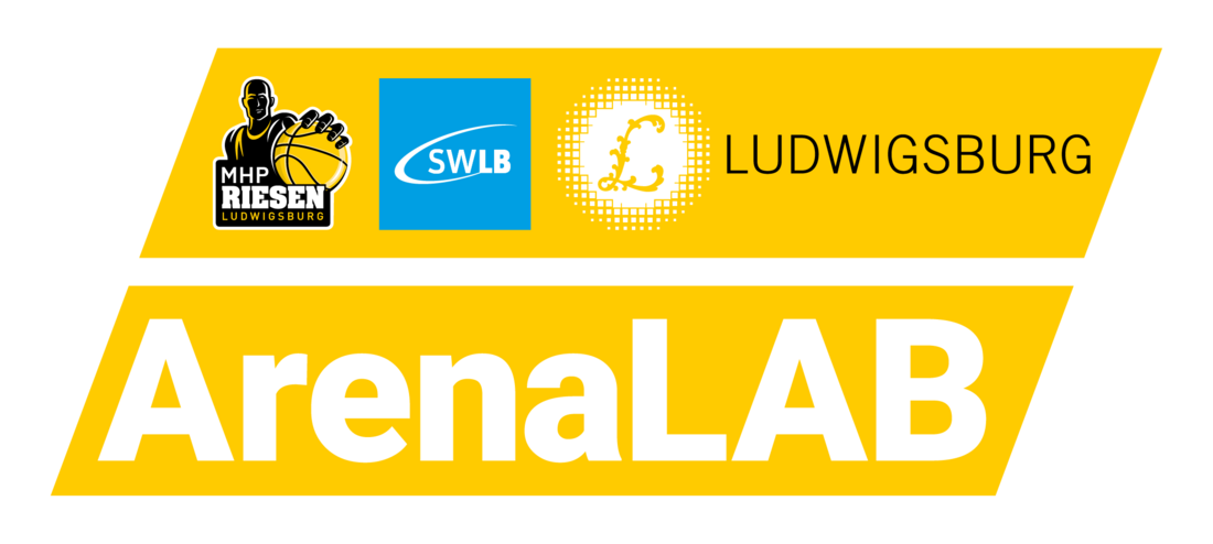 Logo von ArenaLAB mit gelbem Hintergrund. Enthält die Logos der MHP RIESEN Ludwigsburg, SWLB und das Währungssymbol für Ludwigsburg. Der Text "ArenaLAB" ist prominent in weißer Schrift platziert. (Text KI generiert)