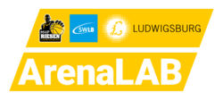 Logo von ArenaLAB mit gelbem Hintergrund. Enthält die Logos der MHP RIESEN Ludwigsburg, SWLB und das Währungssymbol für Ludwigsburg. Der Text "ArenaLAB" ist prominent in weißer Schrift platziert. (Text KI generiert)