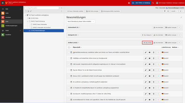 The image displays a content management interface for news updates related to Landkreis Ludwigburg. It includes a list of news items with titles and options for editing or managing each entry, structured in a table format for easy navigation.