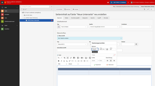 Die Abbildung zeigt ein Benutzeroberfläche zur Erstellung neuer Seiteninhalte. Im Mittelpunkt stehen Eingabefelder für den Titel und Überschrift sowie Optionen zur Textformatierung. Auf der linken Seite ist ein Menü mit verschiedenen Sektionen sichtbar.