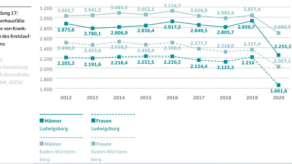 Die Grafik zeigt die Anzahl der Krankenhausfälle im Landkreis Ludwigsburg zwischen 2012 und 2020, getrennt nach Männern und Frauen. Insgesamt ist ein Rückgang der Fälle zu beobachten, mit einem signifikanten Tiefpunkt im Jahr 2020.