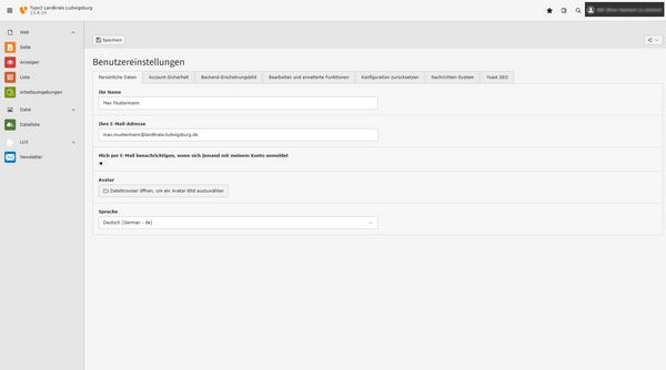 The image displays a user settings interface, titled "Benutzereinstellungen." It includes fields for entering a name, email address, notifications preferences, avatar selection, and language options. The name "Alice Widmann" is indicated, along with the email "a.widmann@interactive.de." The language selected is German.