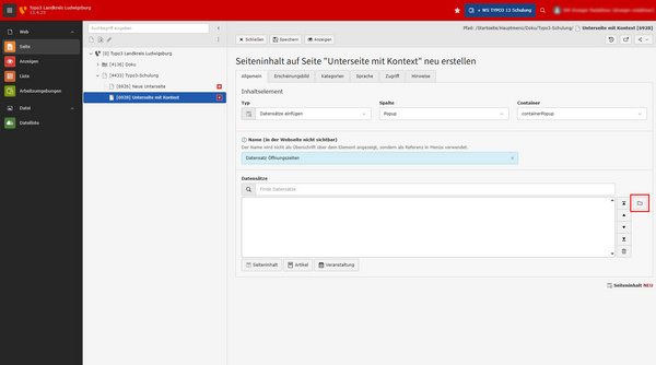 Eine Benutzeroberfläche zur Erstellung von Seiteneinhalten mit Kontext. Zu sehen sind Felder für Titel, Kundenname und eine Beschreibung, sowie Schaltflächen zur Speicherung und Bearbeitung. Der Fokus liegt auf einer Eingabezeile für den Inhalt.