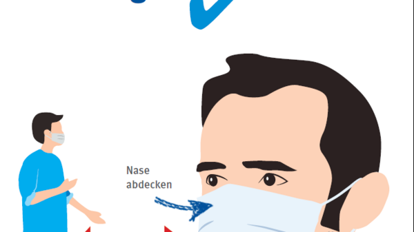 The image illustrates the importance of wearing a face mask correctly. A person demonstrates how to cover the nose and mouth securely, maintaining a distance of at least 1.5 meters from others. A virus symbol is present, emphasizing the health safety message.