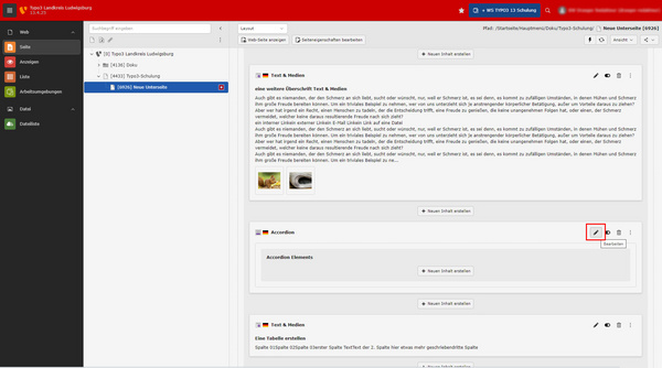 Die Abbildung zeigt eine Benutzeroberfläche eines Programms mit einer Menüleiste und mehreren Textfeldern. Im linken Bereich sind verschiedene Kategorien aufgelistet, darunter Textelemente und Medien. Ein Bearbeitungssymbol ist sichtbar, um Inhalte anzupassen oder hinzuzufügen.