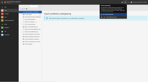 An interface screenshot of a content management system, displaying a navigation panel on the left with folders and items labeled in German. A search bar is located at the top, showing a user profile. The main content area is blank, suggesting a section for website editing.