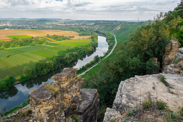 Ein Blick auf eine malerische Landschaft mit sanften Hügeln und Weinbergen. Ein Fluss schlängelt sich durch das grüne Tal, während Felsen im Vordergrund sichtbar sind und einen hohen Aussichtspunkt darstellen. Der Himmel ist leicht bewölkt.