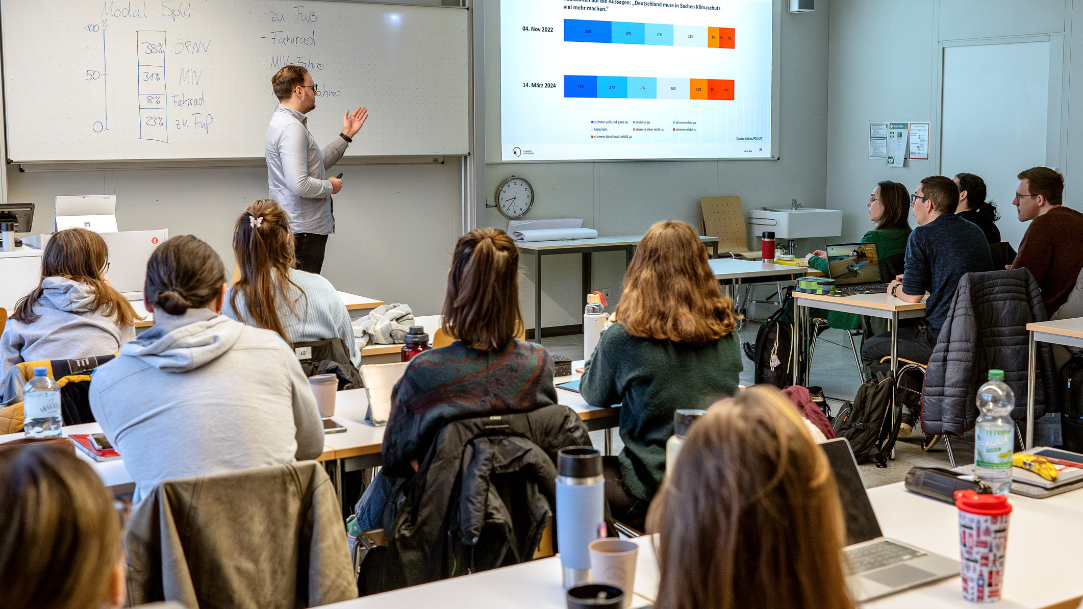 Ein Dozent steht vor einer Präsentation in einem Klassenzimmer, während eine Gruppe von Studierenden aufmerksam zuhört. An einer Wand ist eine Folie mit Diagrammen und Daten zu sehen, die Informationen visuell darstellen. Tische sind mit Laptops und Getränken ausgestattet.