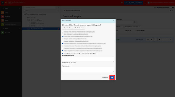 A dialog box appears, listing recipients for a study submission. Names and email addresses are checked for selection. There is a text area for comments and buttons for canceling or confirming the action, labeled "Abbrechen" and "OK." The interface includes sections for files and various options.
