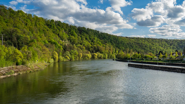 Ein ruhiger Fluss fließt durch eine grüne Landschaft, umgeben von bewaldeten Hügeln. Der Himmel ist teilweise bewölkt, mit vereinzelten Wolken, die über das Wasser reflektieren. Am Ufer gibt es einige Bäume und eine kleine Anlegestelle.