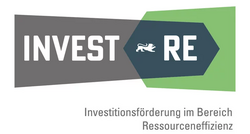 Logo für ein Förderprogramm namens "INVEST RE", das sich auf Investitionen zur Ressourceneffizienz konzentriert. Der Text ist in verschiedenen Schriftarten und Farben dargestellt, mit einem stilisierten Löwen in der Mitte. (Text KI generiert)