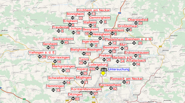 A map displaying various locations and names in a region, with labels indicating towns and points of interest. The central area features a highlighted location labeled "Utersuchung," surrounded by other named places, connected by roads and pathways.