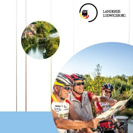 Grafik einer Radkarte für den Landkreis Ludwigsburg. Darauf sind Radfahrer zu sehen, die eine Karte studieren. Die Karte hebt Alltags- und touristische Radwege hervor und vermittelt die Möglichkeit, die Umgebung mit dem Fahrrad zu erkunden.