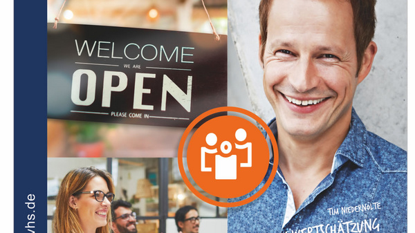 A smiling man stands beside a welcome sign that reads "WELCOME OPEN." The image promotes an educational program by Schiller-VHS, emphasizing community and connection. Text highlights the program’s duration from September 2020 to February 2021. The focus is on inclusivity and engagement.