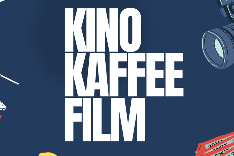 Texte alternatif : Le visuel présente le titre "KINO KAFFEE FILM" au centre, entouré d'illustrations de lunettes 3D, d'une caméra, d'un soda, de pop-corn et de tickets de cinéma. Le fond est bleu, signifiant un éventuel événement cinématographique.