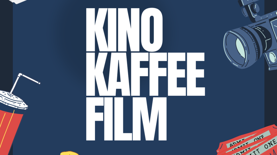 Texte alternatif : Le visuel présente le titre "KINO KAFFEE FILM" au centre, entouré d'illustrations de lunettes 3D, d'une caméra, d'un soda, de pop-corn et de tickets de cinéma. Le fond est bleu, signifiant un éventuel événement cinématographique.