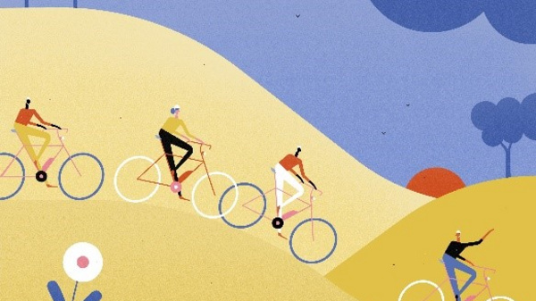 Fünf Fahrradfahrer fahren eine sanfte Hügelkante entlang. Die Szene ist farbenfroh mit stilisierten Bäumen und einer Wiese im Hintergrund. Der Himmel ist sonnig, und die Radfahrer sind in verschiedenen bunten Kleidungsteilen gekleidet.