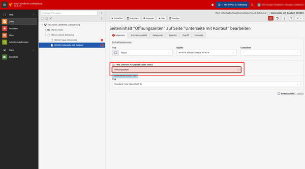 Die Abbildung zeigt eine Benutzeroberfläche zur Bearbeitung einer Webseite. Im Bereich für die Einstellungen wird der Titel „Öffnungszeiten“ angezeigt, mit einem Eingabefeld, in welches Text eingegeben werden kann. Ein roter Rahmen markiert das Eingabefeld zur Eingabe von Informationen.