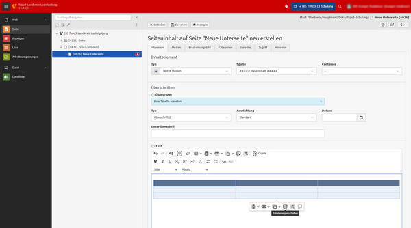 Ein Bildschirm zeigt eine Benutzeroberfläche zur Erstellung von Seiteninhalten, mit Feldern für Titel, Typ und eine Textbearbeitungsleiste. Der Bereich ist strukturiert, mit Optionen zur Bearbeitung und Formatierung von Inhalten. Der Titel der Seite lautet "Neue Unterseite".