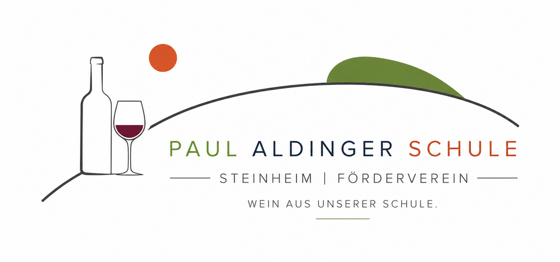 Logo der Paul Aldinger Schule in Steinhheim, das eine stilisierte Weinflasche und ein Glas zeigt. Text beinhaltet den Namen der Schule und den Hinweis auf den Förderverein sowie die Produktion von Wein. (Text KI generiert)