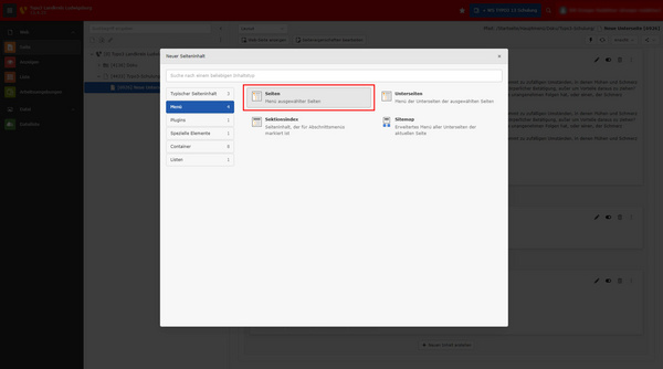 Capture d'écran d'une interface de gestion de contenu. Le panneau principal affiche un menu intitulé "Nouveau contenu", avec des options telles que "Pages", "Sous-pages" et "Index des sections". Le tout dans un design simple et structuré.