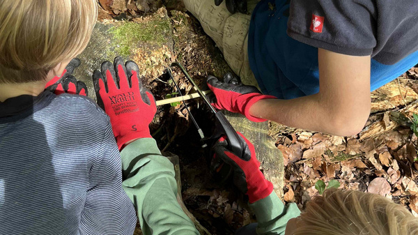 Drei Kinder sitzen im Wald und arbeiten gemeinsam an einem Projekt. Eines der Kinder hält ein Werkzeug, während die anderen ihm helfen, Zweige oder Materialien zu sammeln. Die Umgebung ist mit Blättern und natürlichen Elementen bedeckt. Alle tragen Handschuhe.