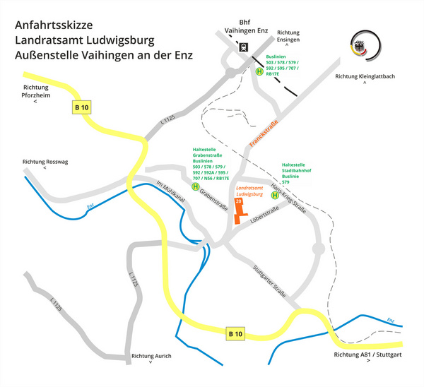 Anfahrt Anfahrtskarte für das Landratsamt Ludwigsburg, Außenstelle Vaihingen an der Enz. Zeigt wichtige Straßen, Haltestellen und den Bahnhof Vaihingen Enz. Wichtige Richtungen sind markiert, einschließlich B10 und Anschlussstellen Richtung Pforzheim, Rosswag und Kleinglattbach.