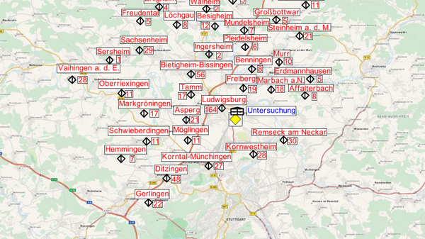 A detailed map showcasing various locations in a central area, marked with red labels for cities and towns. The central point is "Uterschön," with surrounding locations such as "Zweibrücken," "Saarbrücken," and "Ludwigshafen" indicated. The map features geographic terrain in a muted color palette.