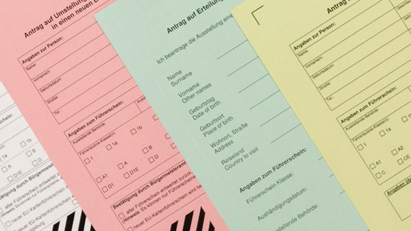 The image features a collection of layered documents in various colors—cream, pink, and pale yellow—with printed text fields. Two identification cards are also present, displaying intricate designs. The background is a neutral shade, focusing attention on the documents and cards.