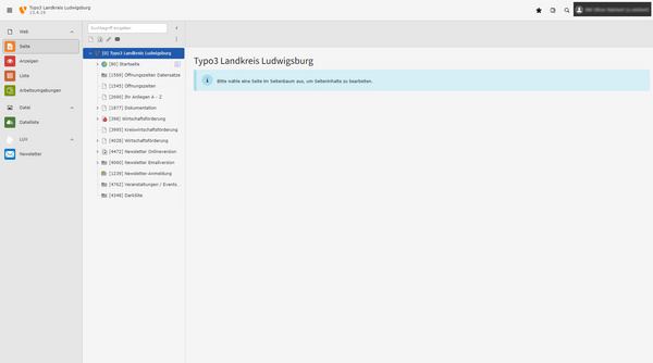 The image displays a content management interface for "Typo3 Landkreis Ludwigsburg." On the left, there are navigation options including "Seiten" (Pages) and "Datei" (Files). The main area indicates options for editing a particular page, including instructions for making changes.