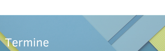 Eine Grafik mit dem Titel „Termine“ in Weiß auf der linken Seite, vor einem Hintergrund aus blauen und gelben Papierstreifen, die in verschiedenen Winkeln angeordnet sind. Die Farben vermitteln ein frisches und modernes Gefühl.