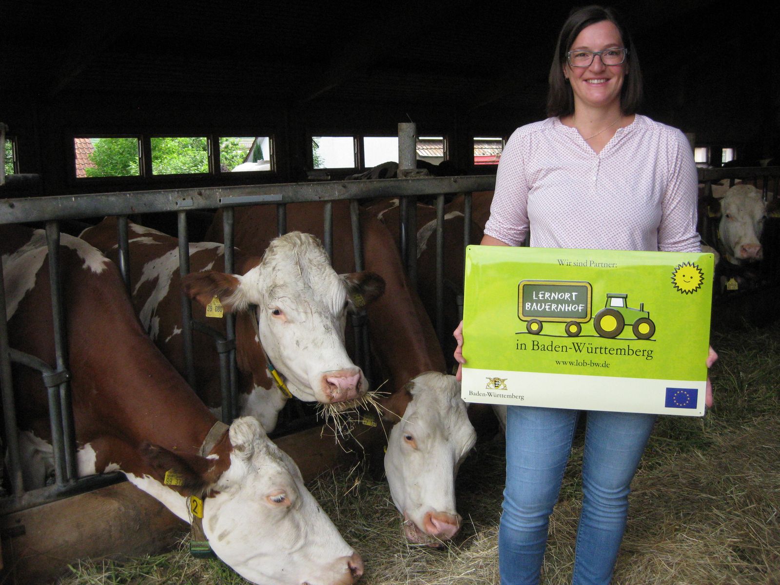 Una donna sorridente tiene un cartello che promuove un'iniziativa agricola in Baden-Württemberg. Dietro di lei, si vedono alcune mucche in una stalla. Il cartello è giallo con un'illustrazione di un trattore.