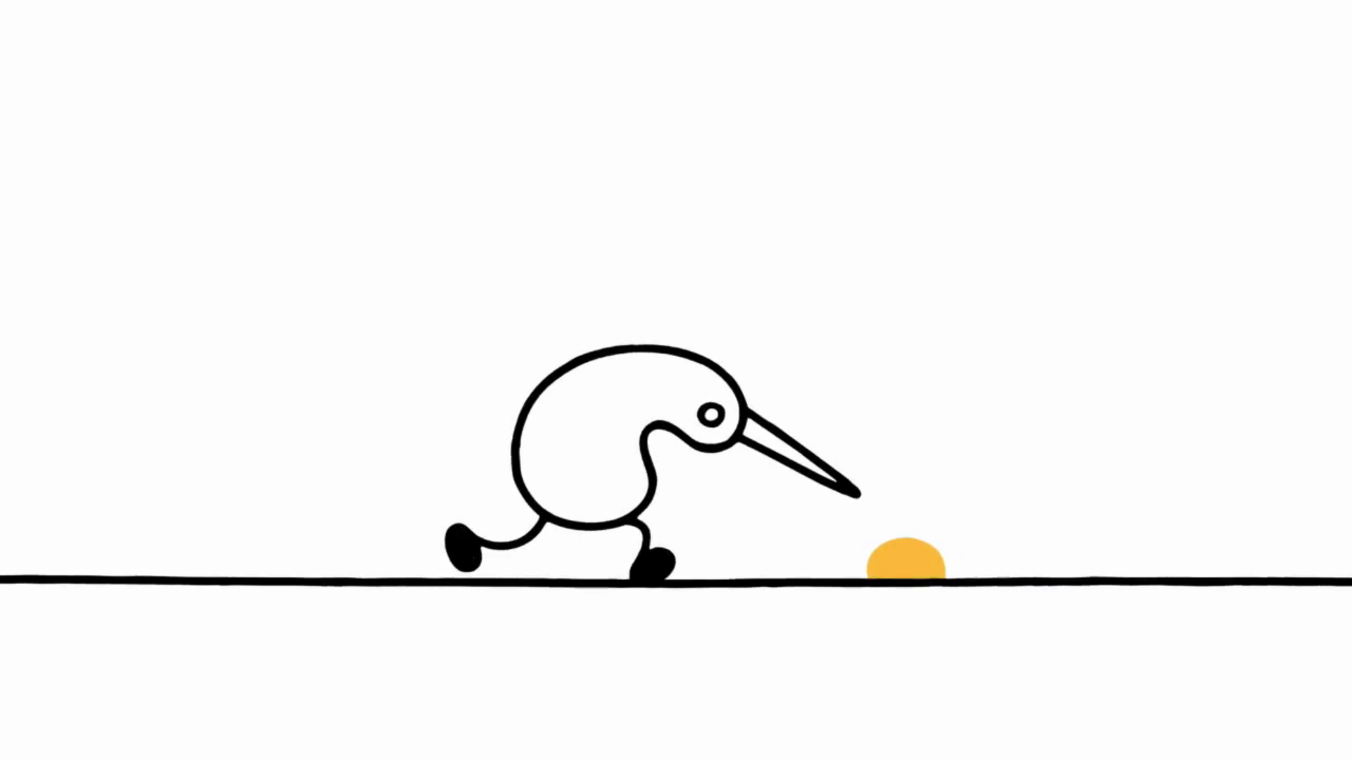 A simple line drawing depicts a stylized kiwi bird walking towards a small, orange sun. The background is white, emphasizing the bird and sun, creating a playful and minimalistic scene.