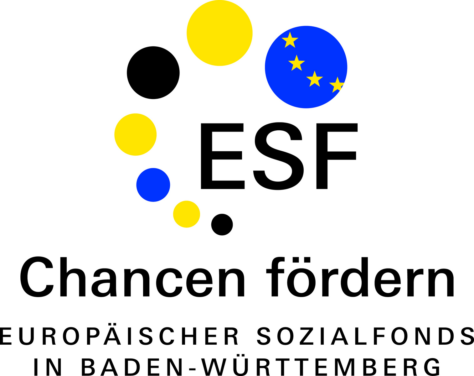 Ein Logo mit dem Schriftzug "ESF" und dem Text "Chancen fördern". Darunter steht "Europäischer Sozialfonds in Baden-Württemberg". Der Hintergrund ist farbig mit verschiedenen Kreisen.