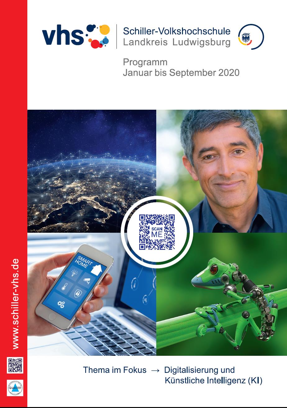 Das Bild zeigt das Programmheft der Schiller-Volkshochschule Landkreis Ludwigsburg für Januar bis September 2020. Im Vordergrund ist ein Mann zu sehen, der freundlich lächelt. Das Thema des Programms ist "Digitalisierung und Künstliche Intelligenz."