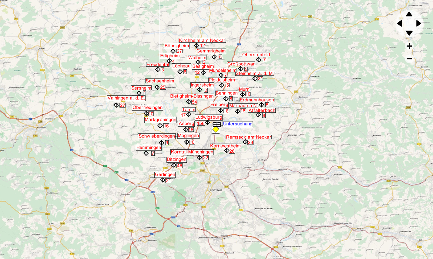 Eine Karte zeigt mehrere Orte und Städte in der Umgebung von Ulm, Deutschland, gekennzeichnet mit roten Namen. Die Karte enthält Straßen und geografische Merkmale, die die Anordnung der Orte verdeutlichen.