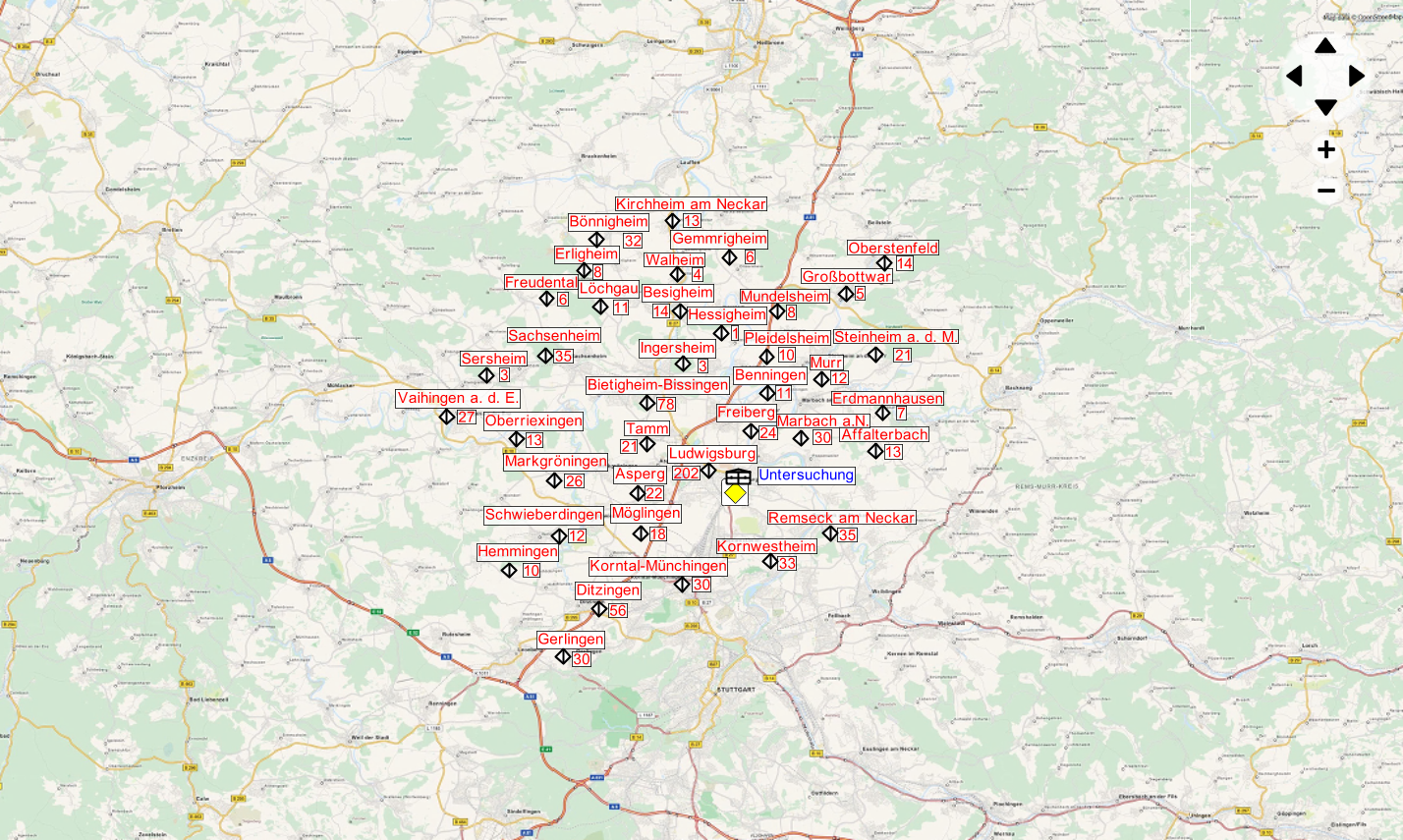 A detailed map displaying various locations in a central region. Town names and points of interest are marked, indicating their placements. Major roads and geographic features are present, providing context for navigation and exploration within the area.