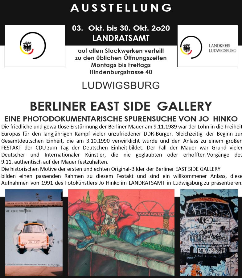 Die Ausstellung im Landratsamt Ludwigsburg zeigt vom 3. bis 30. Oktober 2020 fotografische Dokumentationen zur Berliner East Side Gallery. Sie thematisiert den Fall der Mauer und dessen Bedeutung für die Deutsche Einheit sowie die Spuren der Geschichte, die Hinko dokumentiert hat.
