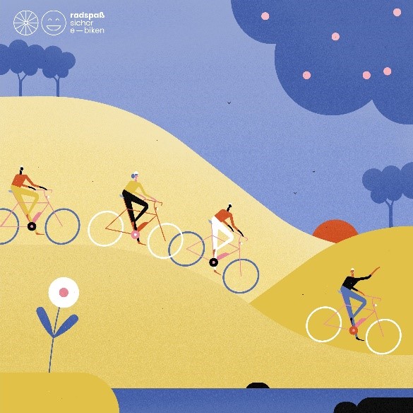 Fünf Fahrradfahrer fahren eine sanfte Hügelkante entlang. Die Szene ist farbenfroh mit stilisierten Bäumen und einer Wiese im Hintergrund. Der Himmel ist sonnig, und die Radfahrer sind in verschiedenen bunten Kleidungsteilen gekleidet.