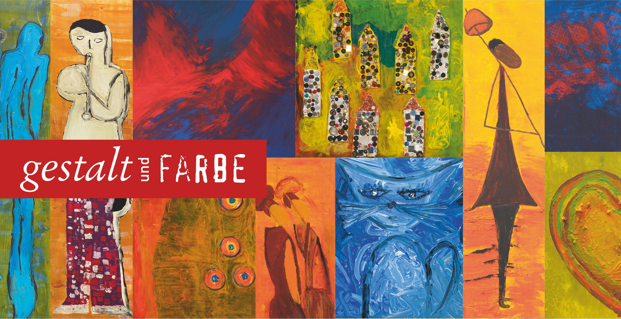 Das Bild zeigt eine bunte Collage aus verschiedenen abstrakten Kunstwerken, die Menschen, Natur und geometrische Formen darstellen. Der Schriftzug „gestalt und farbe“ in roter Schrift ist prominent platziert. Die Farben sind lebhaft und vielfältig, was das Gefühl von Kreativität und Ausdruck verstärkt.