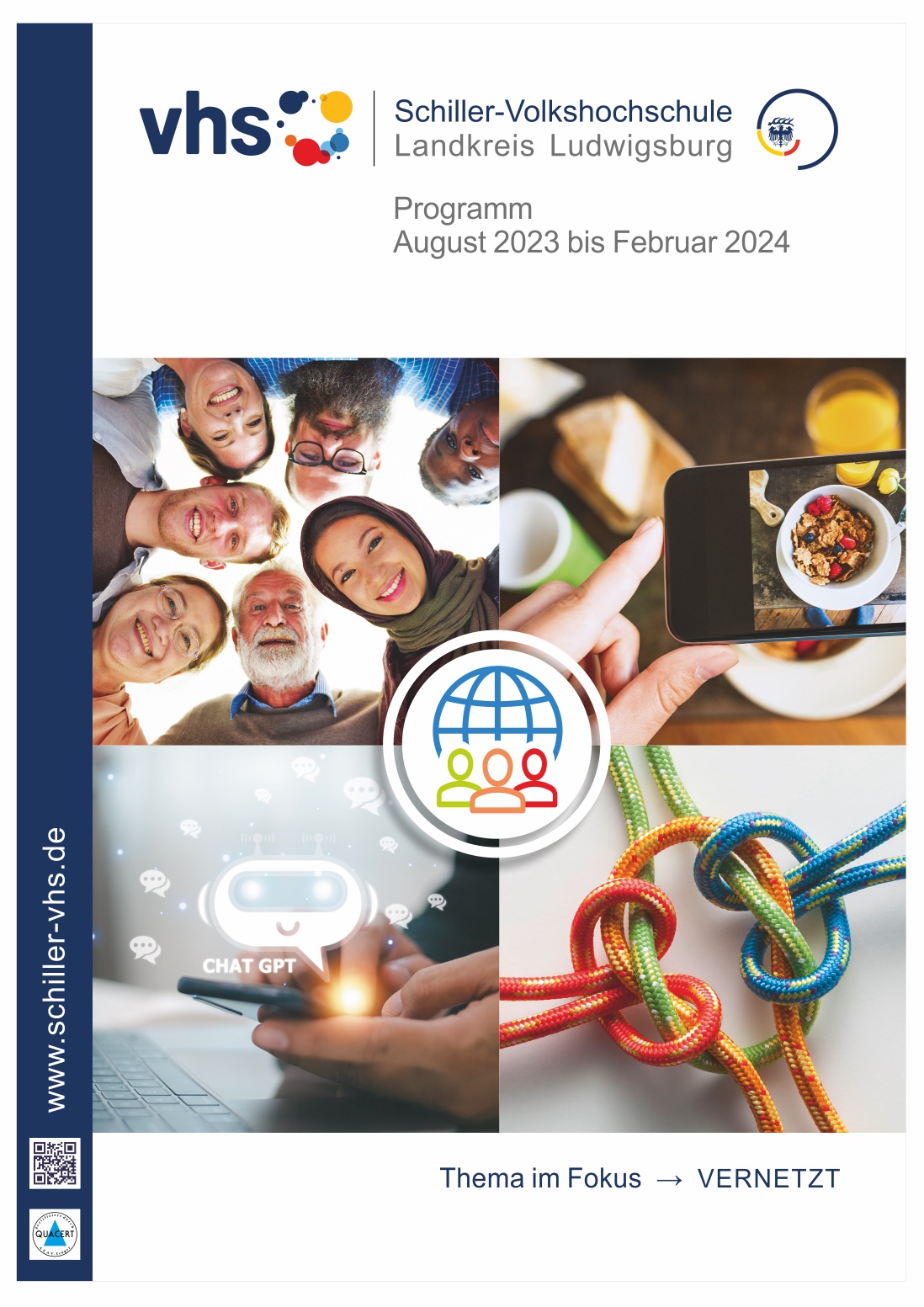Das Bild zeigt das Programmheft der Schiller-Volkshochschule für den Zeitraum von August 2023 bis Februar 2024. Zentral steht das Thema „Vernetzt“. In den Bildern sind lachende Menschen, ein Smartphone mit Essen und bunte Kabel dargestellt, die miteinander verbunden sind.