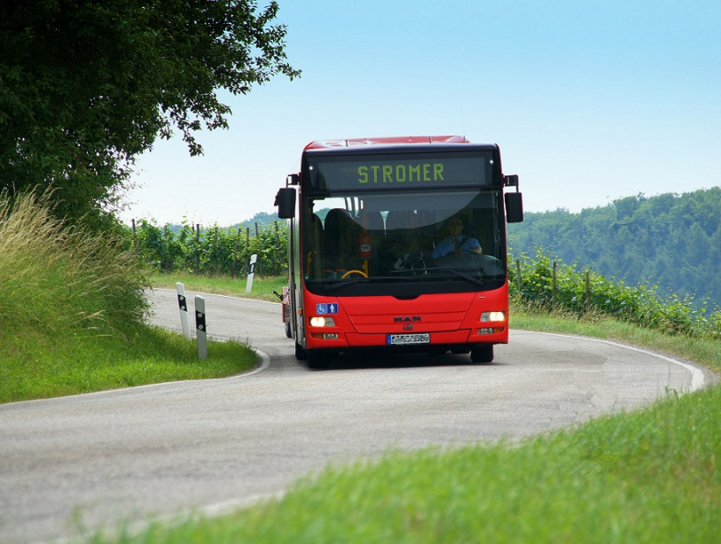 Ein roter Bus fährt auf einer kurvigen Landstraße. Auf dem Display vorne steht "STROMER". Die Umgebung zeigt grüne Wiesen und Bäume, mit sanften Hügeln im Hintergrund.