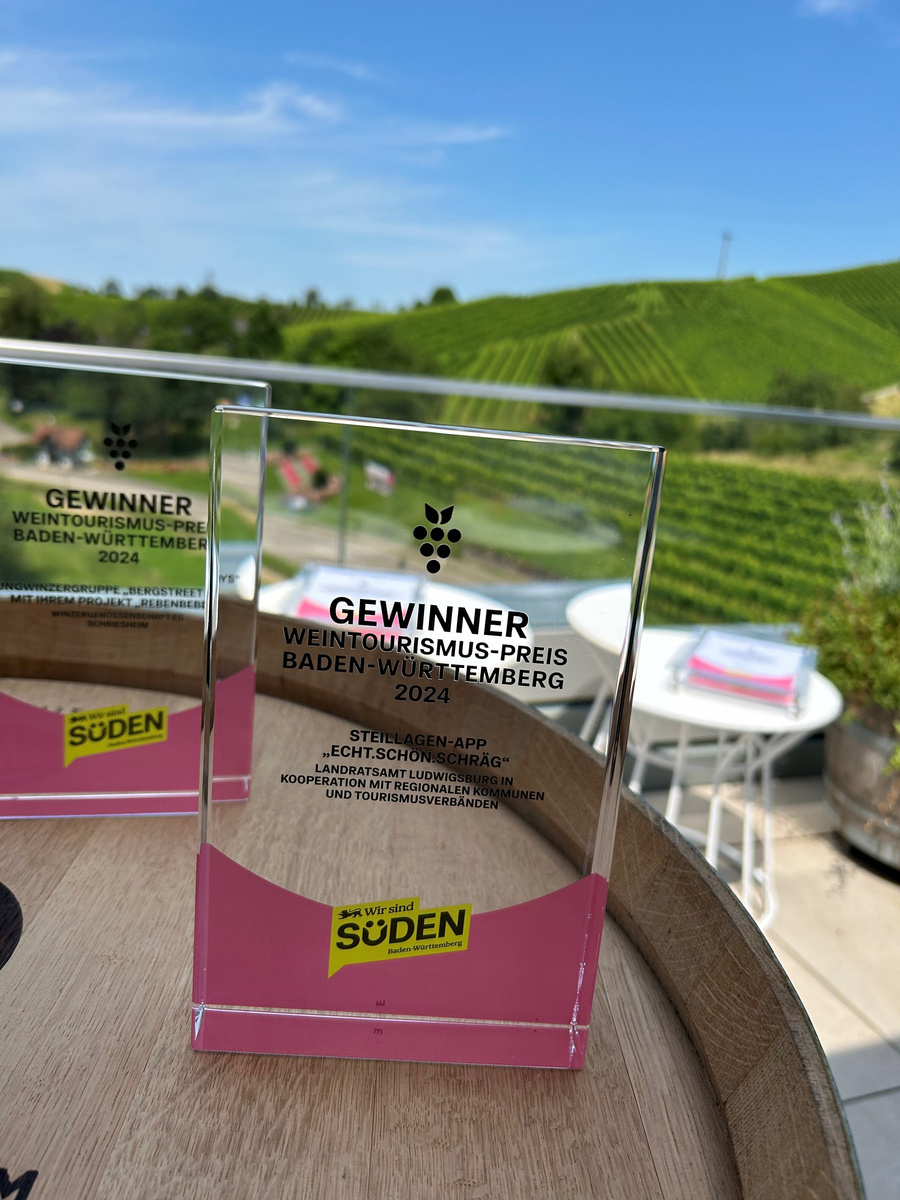 Ein transparenter Preis mit der Aufschrift "Gewinner Weintourismus-Preis Baden-Württemberg 2024" steht auf einem Holztisch. Im Hintergrund sind Weinreben und eine grüne Landschaft sichtbar. Der Preis gehört zur Kategorie "Steigenberger-App - Lofts in Constance".