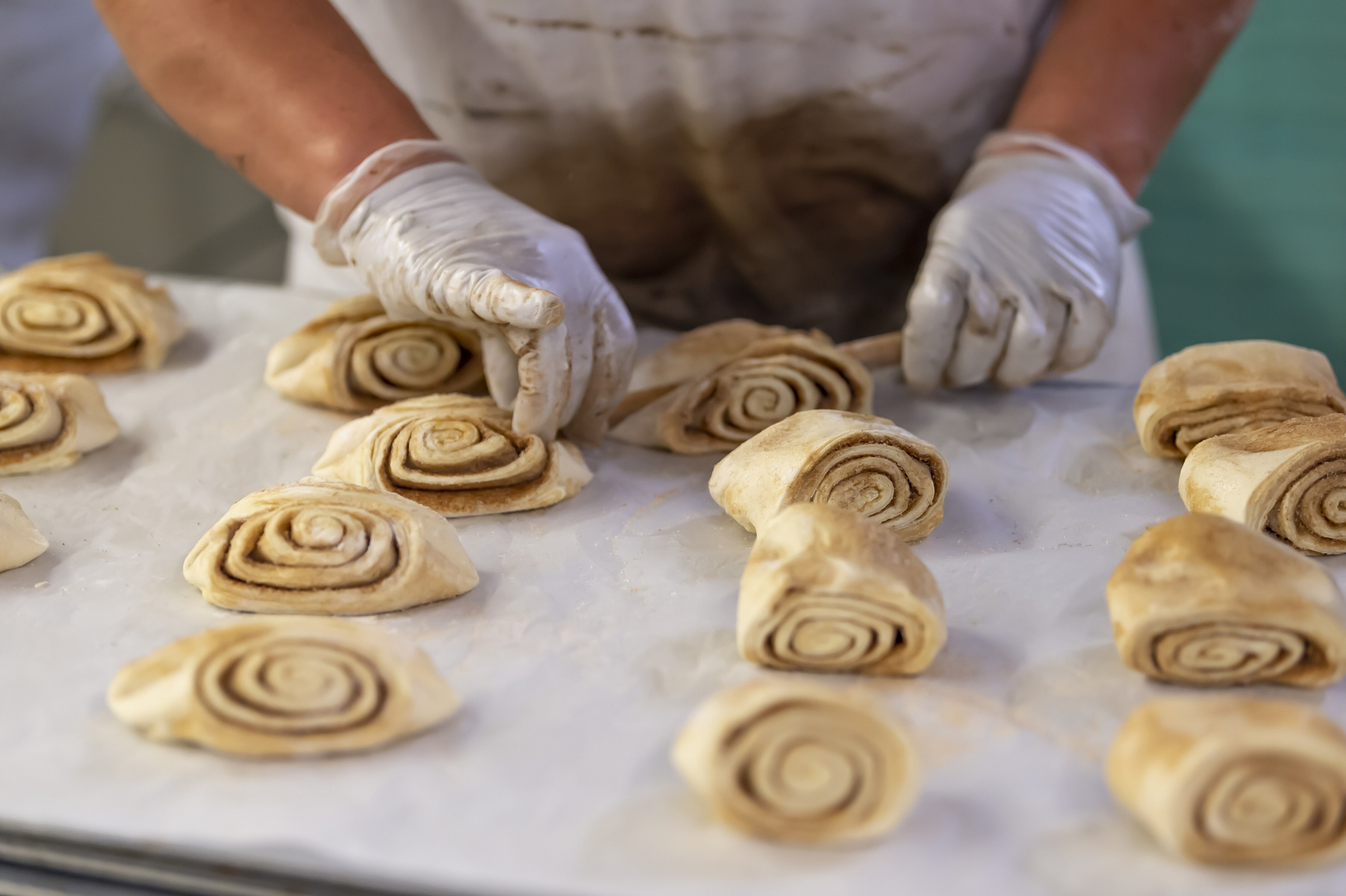 Eine Person mit Handschuhen formt Zimtschnecken aus Teig. Die Zimtschnecken sind spiralförmig auf einem Backblech angeordnet. Der Hintergrund ist unscharf, wobei der Fokus auf dem Teig und der Herstellung liegt.