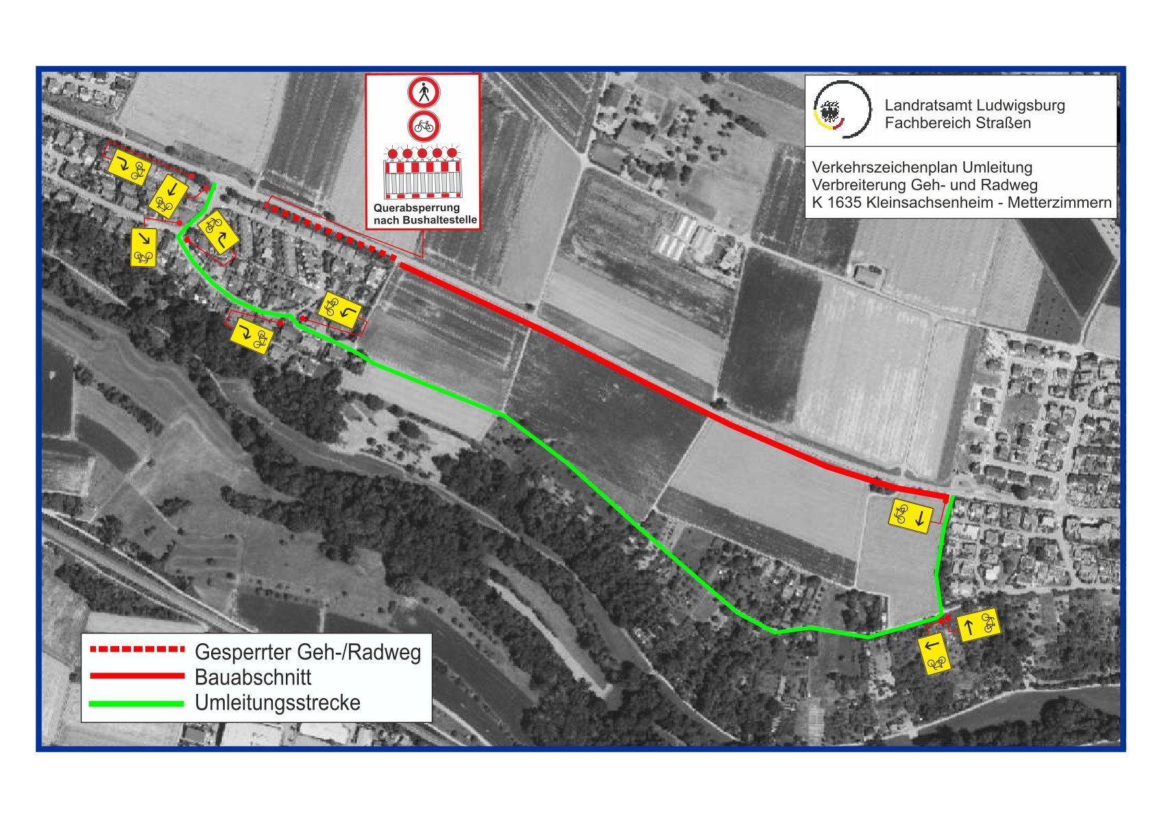 Kartenansicht zeigt eine Umleitung für Fußgänger und Radfahrer entlang der K 1635 bei Kleinsachsenheim. Der rot markierte Abschnitt ist gesperrt, während der grüne Bereich die alternative Route anzeigt. Zusätzlich sind Baustellensymbole und Hinweise auf die Umleitung abgebildet.