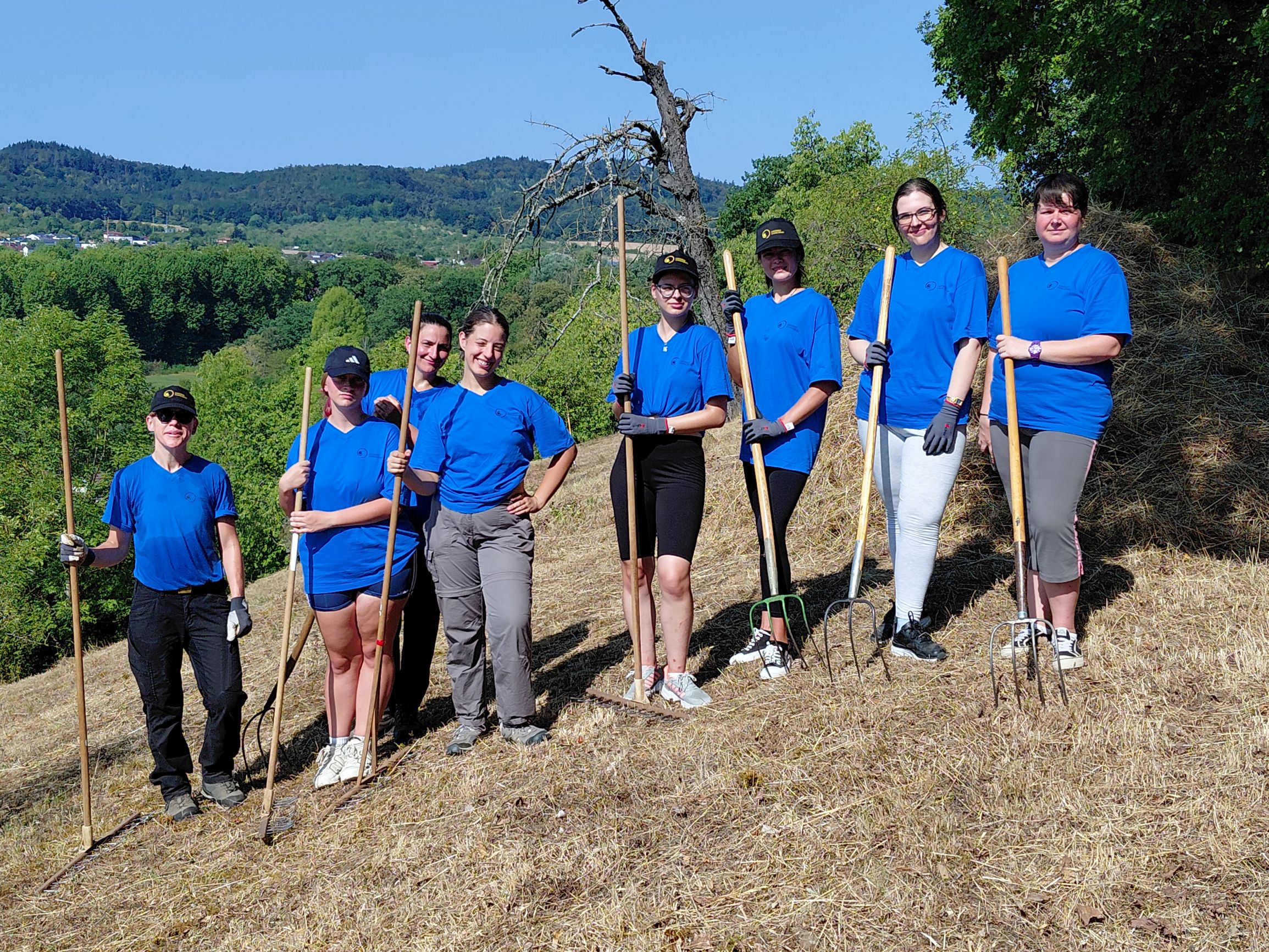 Eine Gruppe von acht Personen in blauen T-Shirts steht auf einem Hang, umgeben von Bäumen und Hügeln. Sie halten verschiedene Gartenwerkzeuge, darunter Rechen und Schaufeln. Die Stimmung ist freundlich und gemeinschaftlich. (Text KI generiert)