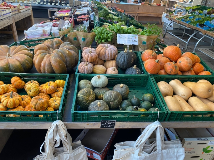 Ein Marktstand mit verschiedenen Kürbissorten und Zucchini. Die farbenfrohen Kürbisse sind in grünen Kisten angeordnet, während im Hintergrund frisches Obst und Gemüse zu sehen ist. Einige Einkaufsbeutel liegen auf dem Tisch. (Text KI generiert)