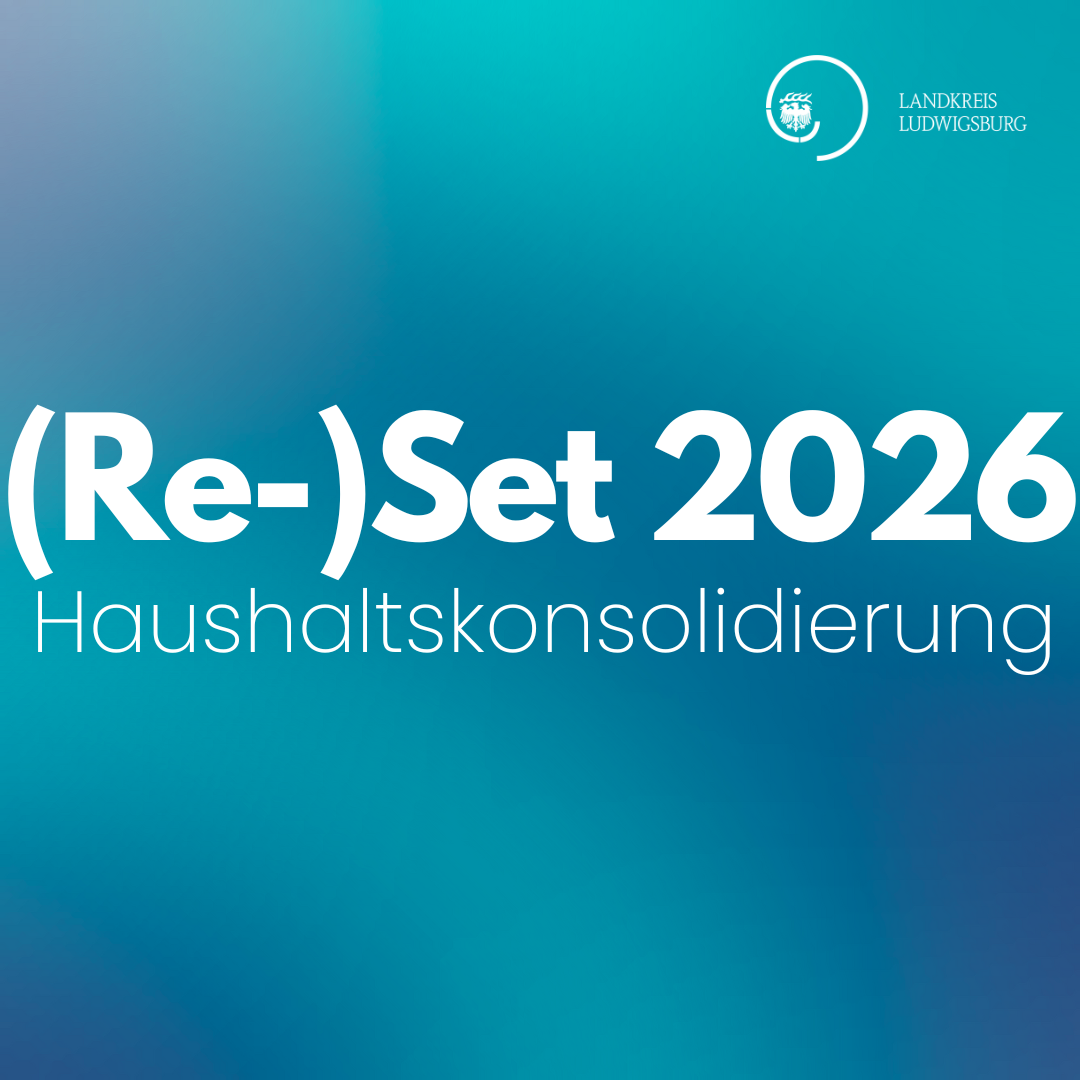 Text on a gradient background reads: “(Re-)Set 2026 Haushaltskonsolidierung.” This suggests a focus on budget consolidation efforts or initiatives related to financial management for 2026.