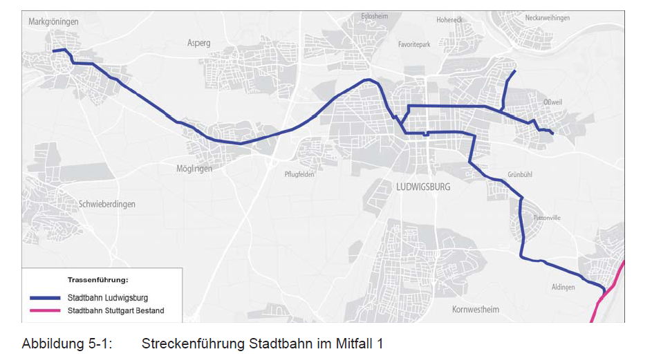 Eine Karte zeigt die Streckenführung der Stadtbahn in Ludwigsburg und Stuttgart. Die Route ist in blauer Farbe eingezeichnet, während Zusatzinformationen in rosa hervorgehoben sind. Die Karte stellt die Verbindung und die geographische Ausdehnung der Stadtbahn dar.